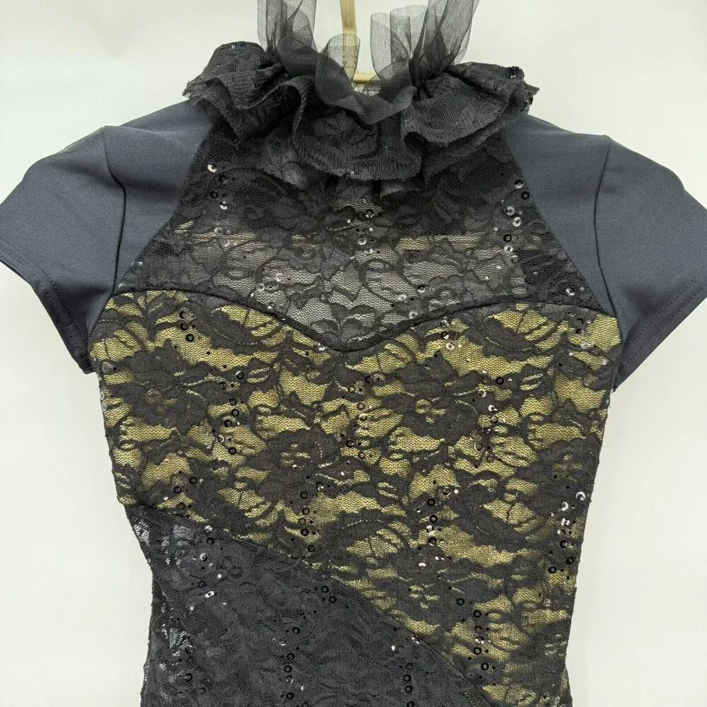 Dance‎ Costume Black Gold Sequins Jazz Child Large Open Back “Bionic”
